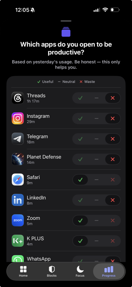 Tysh categorization screen asking which apps you open to be productive, with Useful, Neutral, and Waste toggles.