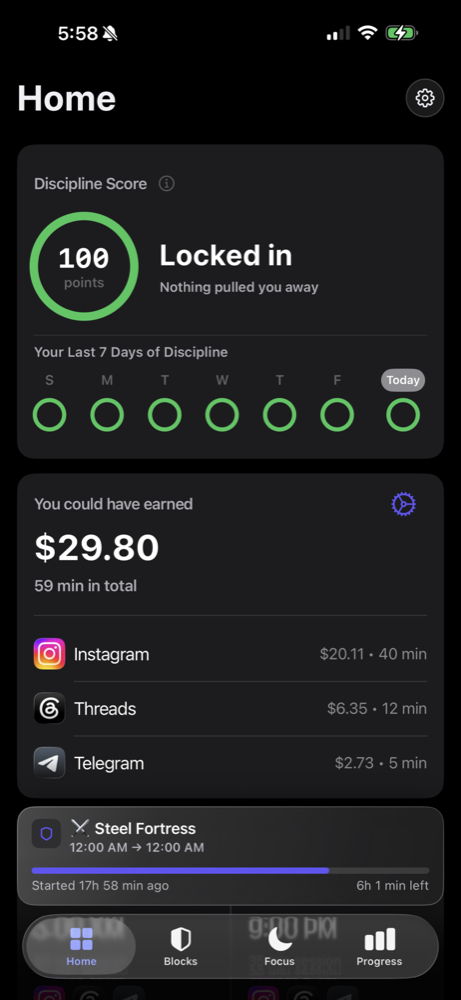Tysh Home screen showing a discipline score, clean streak, app cost estimate, and active block.