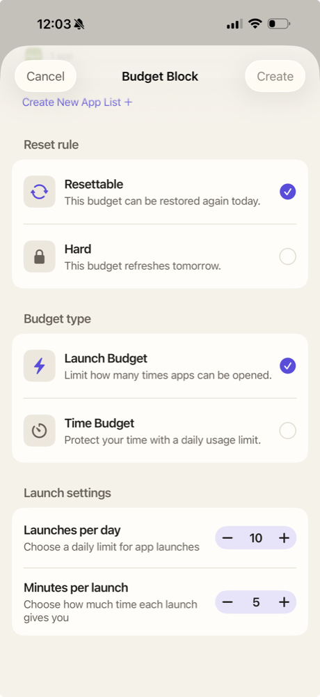 Tysh Budget Block editor with reset rules, Launch Budget type, and daily launch settings.