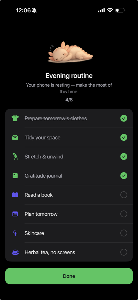 Tysh Evening routine checklist with activities such as reading a book and preparing for tomorrow.
